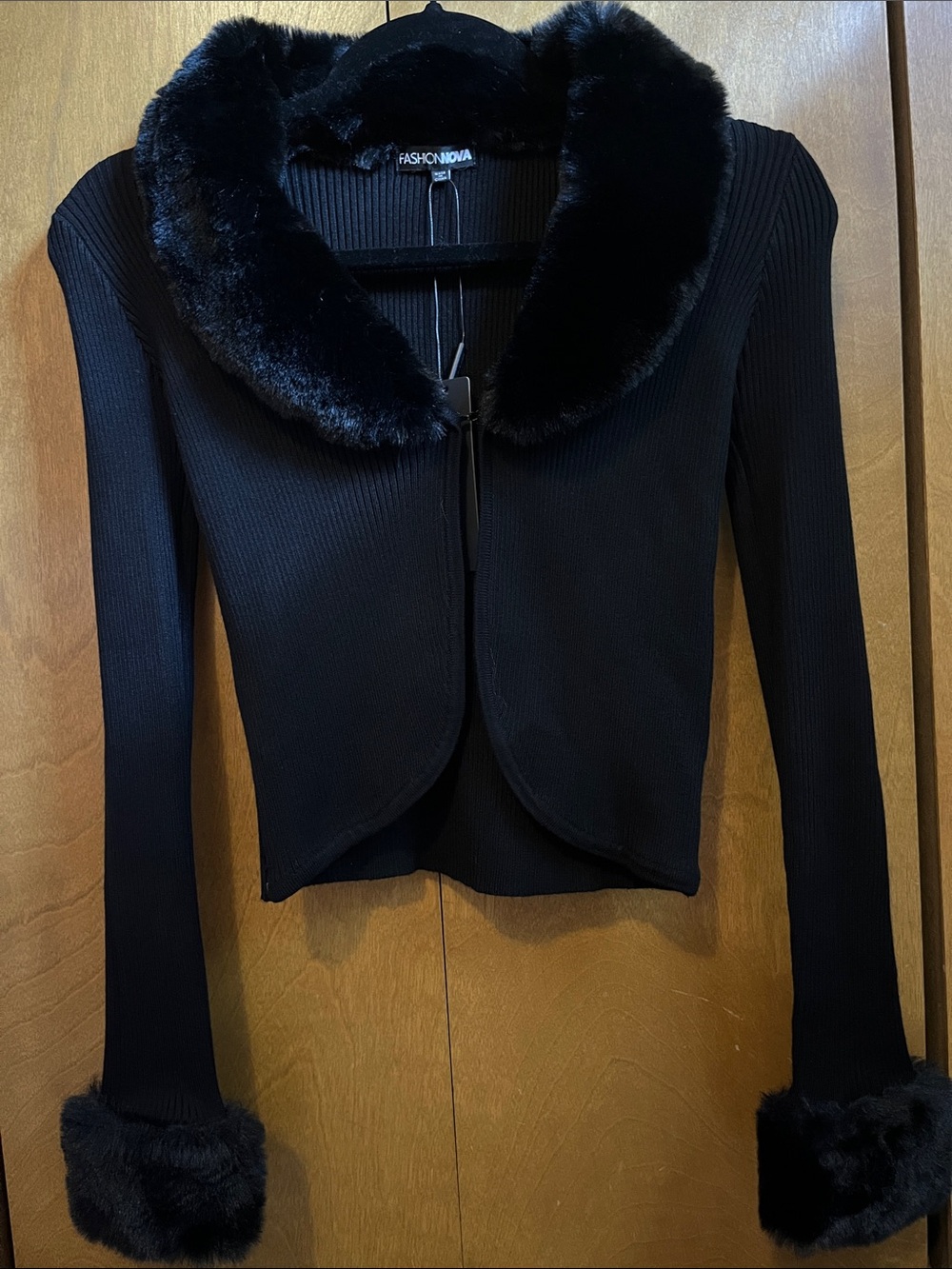Fashion Nova Black Ribbed Cropped Cardigan with Faux Fur Trim